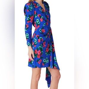 Essentiel Antwerp Dress - Women's 6 Blue - Floral V-Neck Long-Sleeved Puff